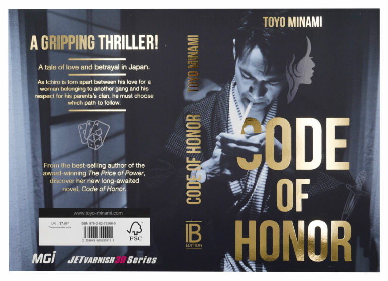 Dark book cover photo with an Asian gentleman in kimono smoking a cigarette - finishing on JETvarnish from MGI
