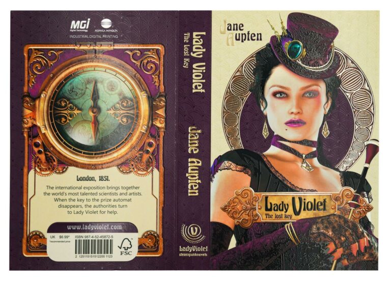 Steampunk and Art Nouveau style book cover photo, gold, purple and beige shades, with a woman and a compass - finishing on JETvarnish from MGI
