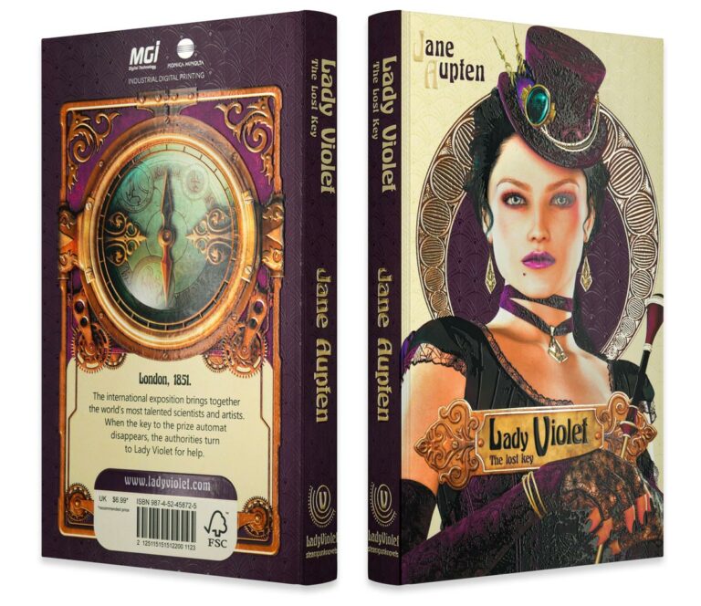 Steampunk and Art Nouveau style book cover photo, gold, purple and beige shades, with a woman and a compass - finishing on JETvarnish from MGI
