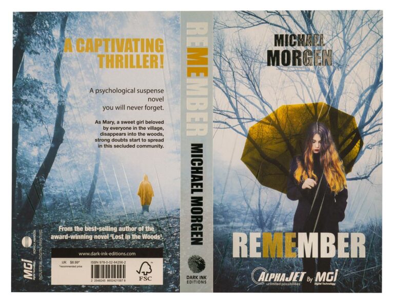 Book cover photo with a woman in the rain, carrying a yellow umbrella, walking through a winter forest - printing and finishing on AlphaJET