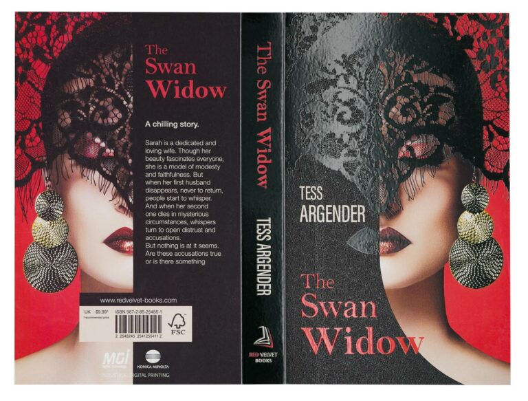 Book cover photo with a woman on a red background, wearing a black lace veil - printing and finishing on AlphaJET