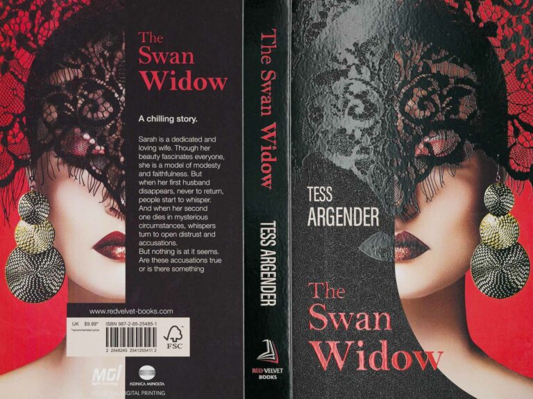 Book cover photo with a woman on a red background, wearing a black lace veil - printing and finishing on AlphaJET