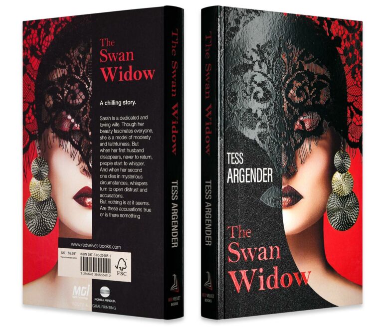 Book cover photo with a woman on a red background, wearing a black lace veil - printing and finishing on AlphaJET