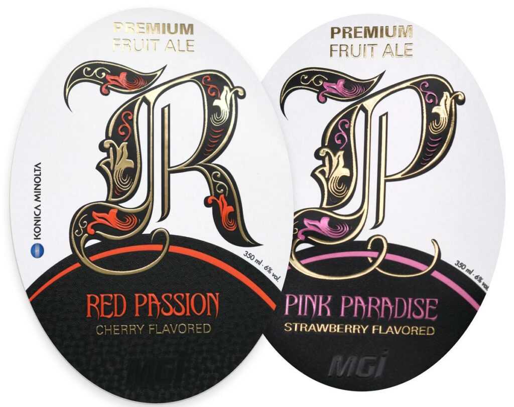 photo of fruity beer labels, embellished with gold and varnish on an MGI Digital Technology press