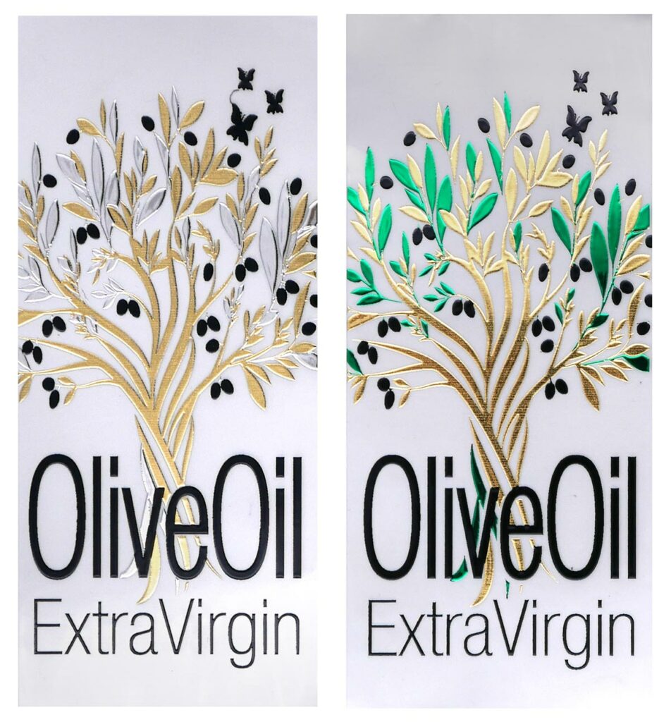 Photo of olive oil food labels, with text embellished in varnish and trees in green and gold gilding - printed and embellished on an MGI Digital Technology press