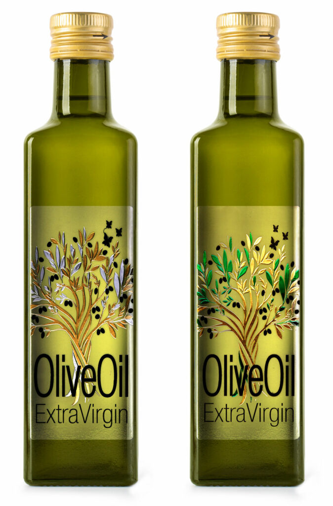 Photo of olive oil food labels, with text embellished in varnish and trees in green and gold gilding - printed and embellished on an MGI Digital Technology press