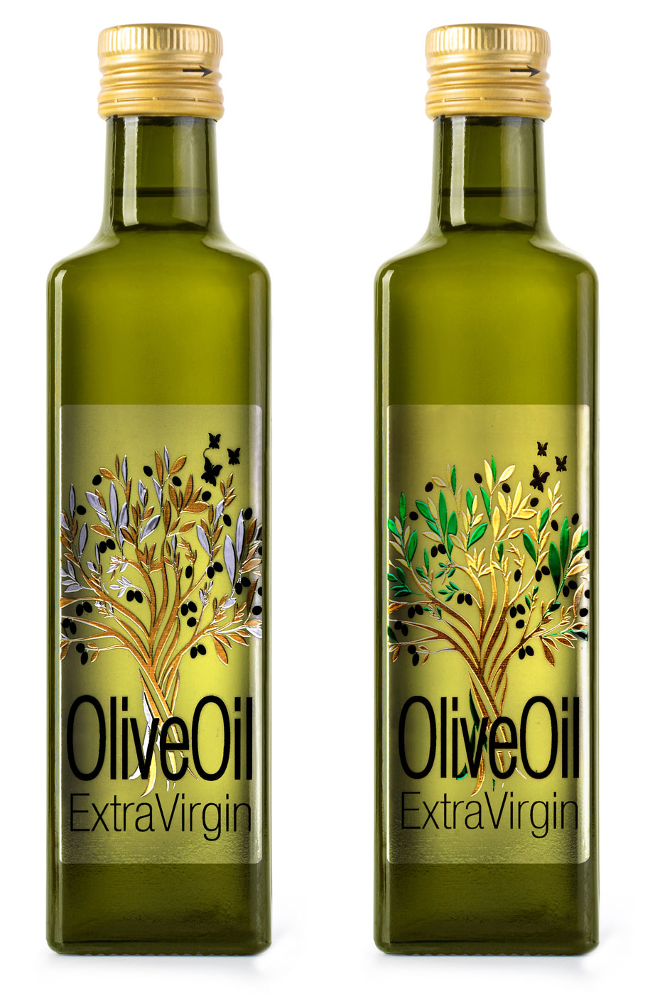 Photo d'étiquettes alimentaire d'huile d'olive, avec le texte embelli en vernis et des arbres en dorure verte et dorée - impression et embellissement sur une presse MGI Digital Technology