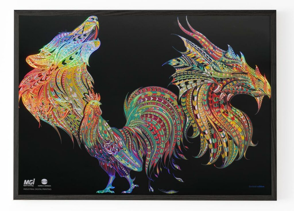 Photo of a poster with a wolf, a rooster and a dragon colored on a black background - finishing on JETvarnish from MGI