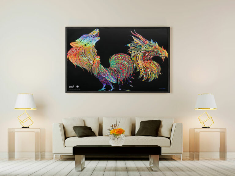 Photo d'un poster avec un loup, un coq et un dragon colorés sur fond noir - ennoblissement sur JETvarnish de MGI