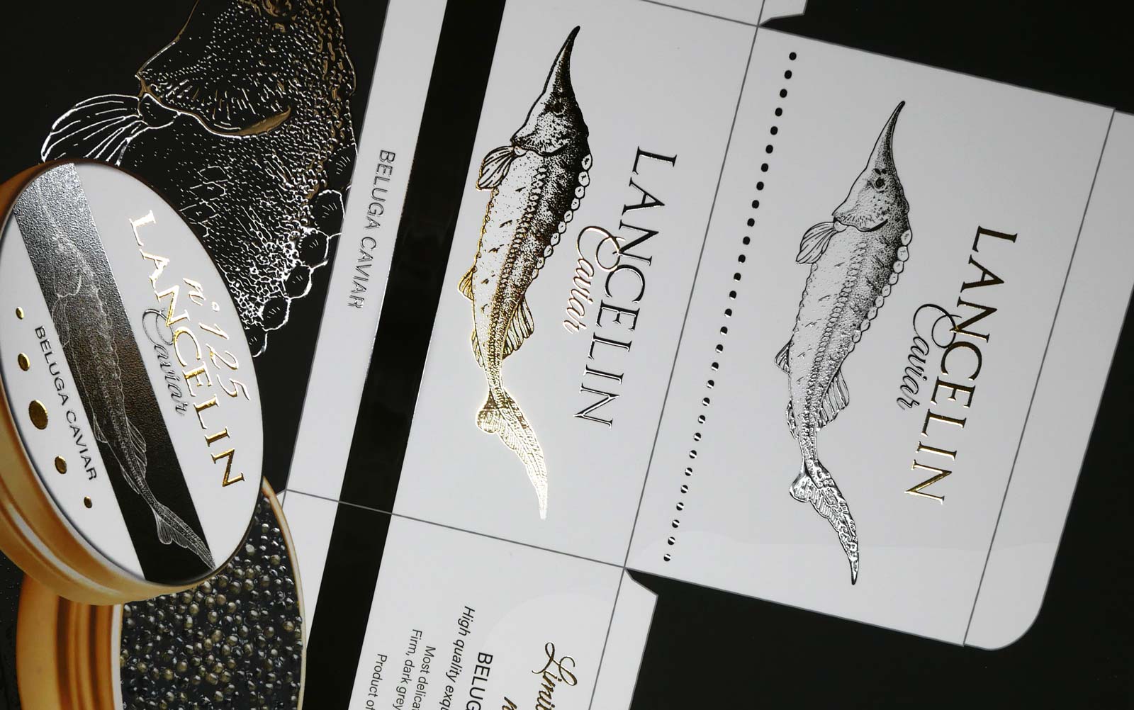 Caviar packaging printed and embellished with gilding and varnish on an MGI Digital Technology press.