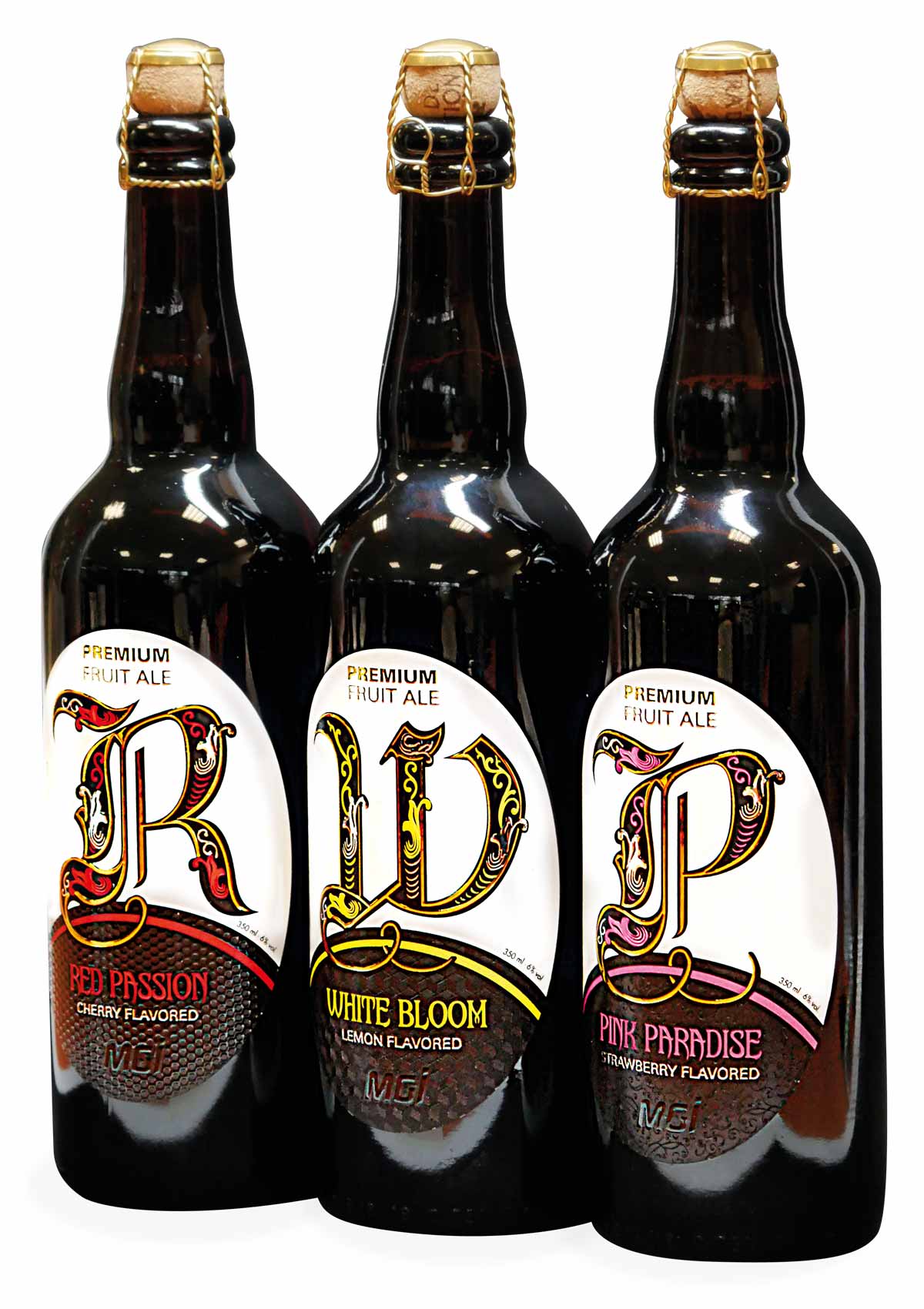 photo of fruity beer labels, embellished with gold and varnish on an MGI Digital Technology press