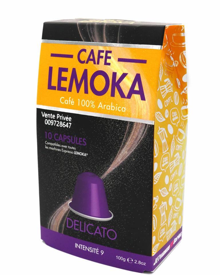 Photo d'un packaging de café noir, violet et jaune, avec des motifs culinaires en dorure, vernis sur la capsule et certains textes - ennoblissement sur JETvarnish de MGI