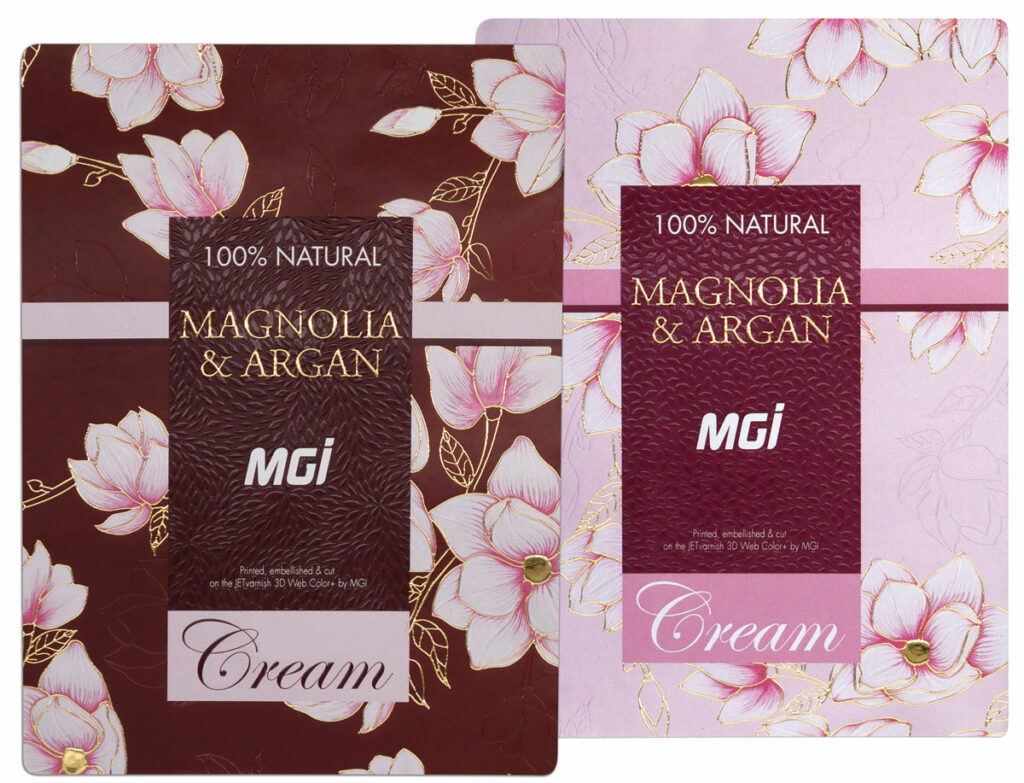 Photo of cosmetic label, with magnolia flowers in full color, varnish and gold, embellished text in varnish and gold - printing and finishing on a MGI Digital Technology press