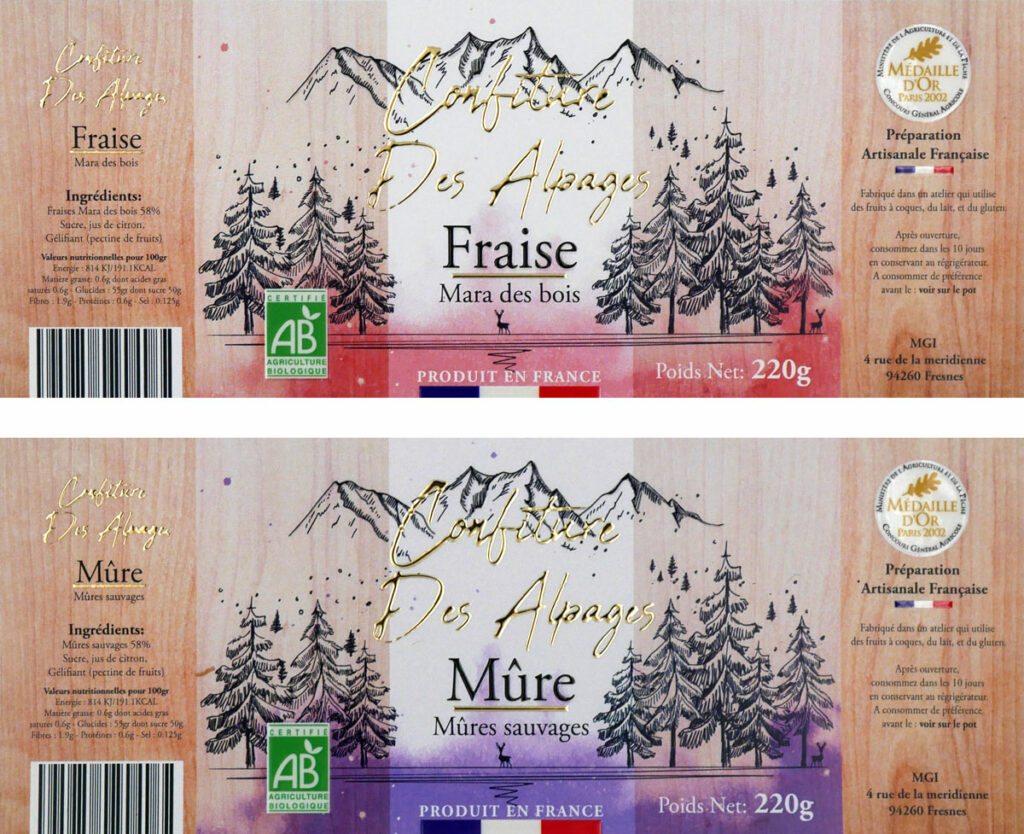 Photo of jam food label, with mountain decoration, embellished text in varnish and gold - printing and finishing on a MGI Digital Technology press