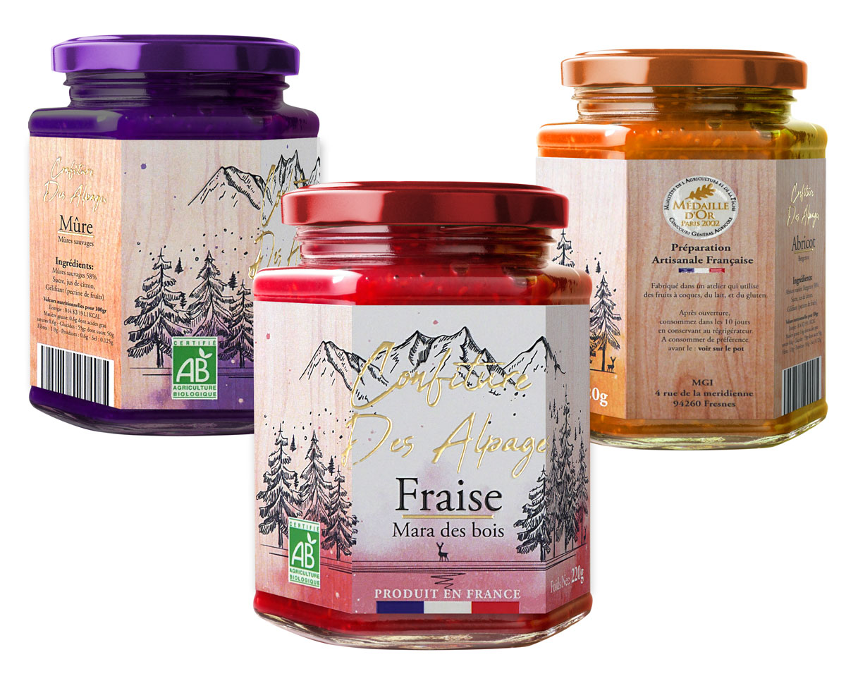 Photo of jam food label, with mountain decoration, embellished text in varnish and gold - printing and finishing on a MGI Digital Technology press