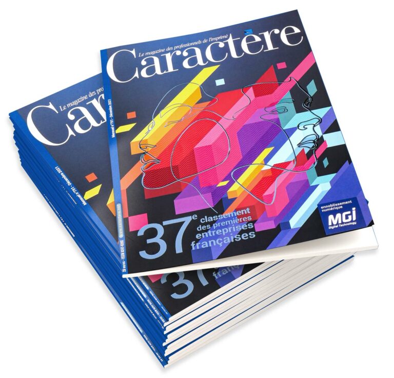 Photo de couverture de magazine avec deux visages superposés sur des cubes colorés - ennoblissement sur JETvarnish de MGI