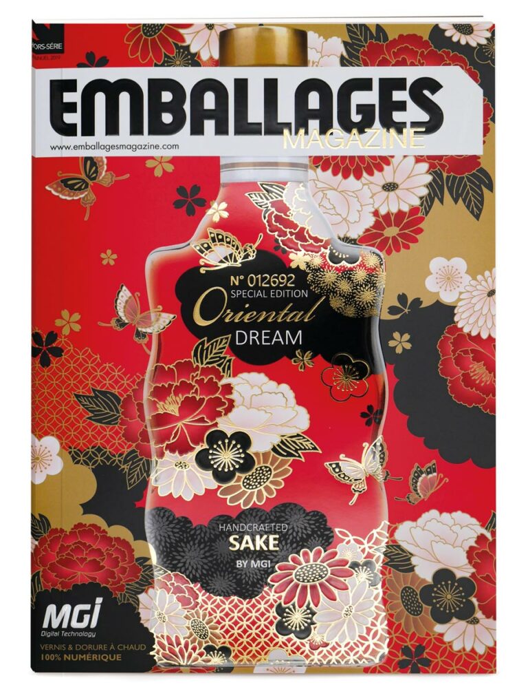 Magazine cover photo with a bottle on a red background decorated with floral motifs - finishing on JETvarnish from MGI