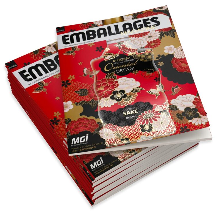 Magazine cover photo with a bottle on a red background decorated with floral - - ennobling on JETvarnish of MGI