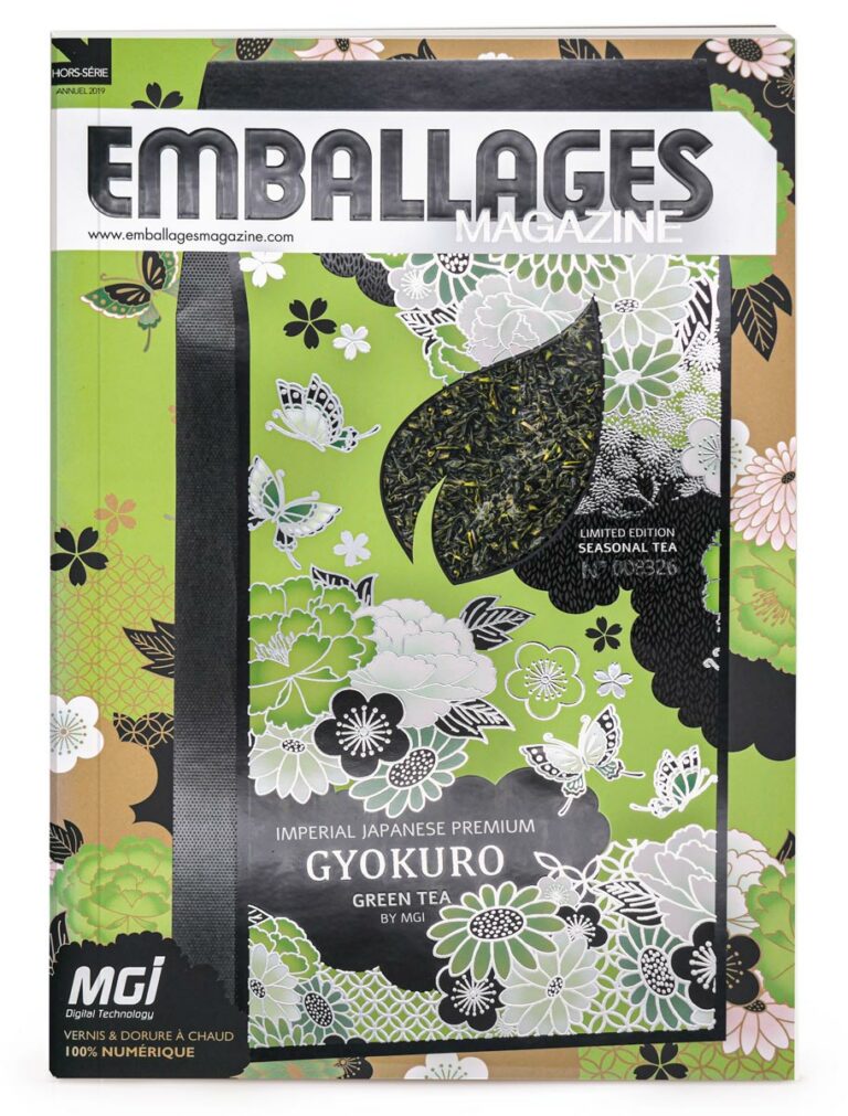 Magazine cover photo with green tea packaging, decorated with floral motifs - finishing on JETvarnish from MGI