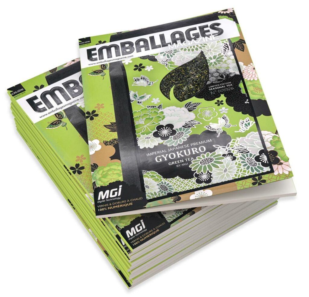 Photo de couverture de magazine avec un packaging de thé vert, orné de motif floraux - ennoblissement sur JETvarnish de MGI