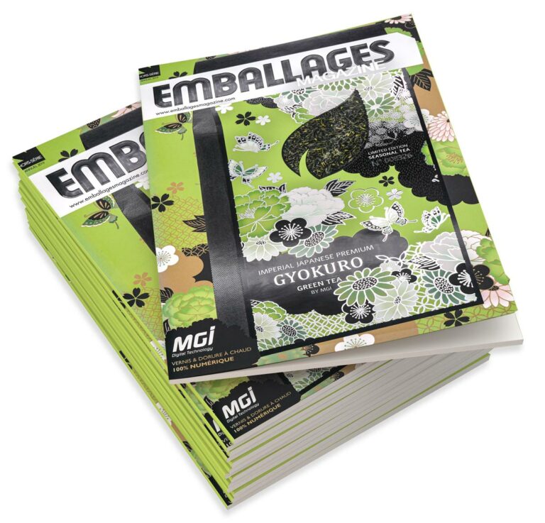 Magazine cover photo with green tea packaging, decorated with floral motifs - finishing on JETvarnish from MGI