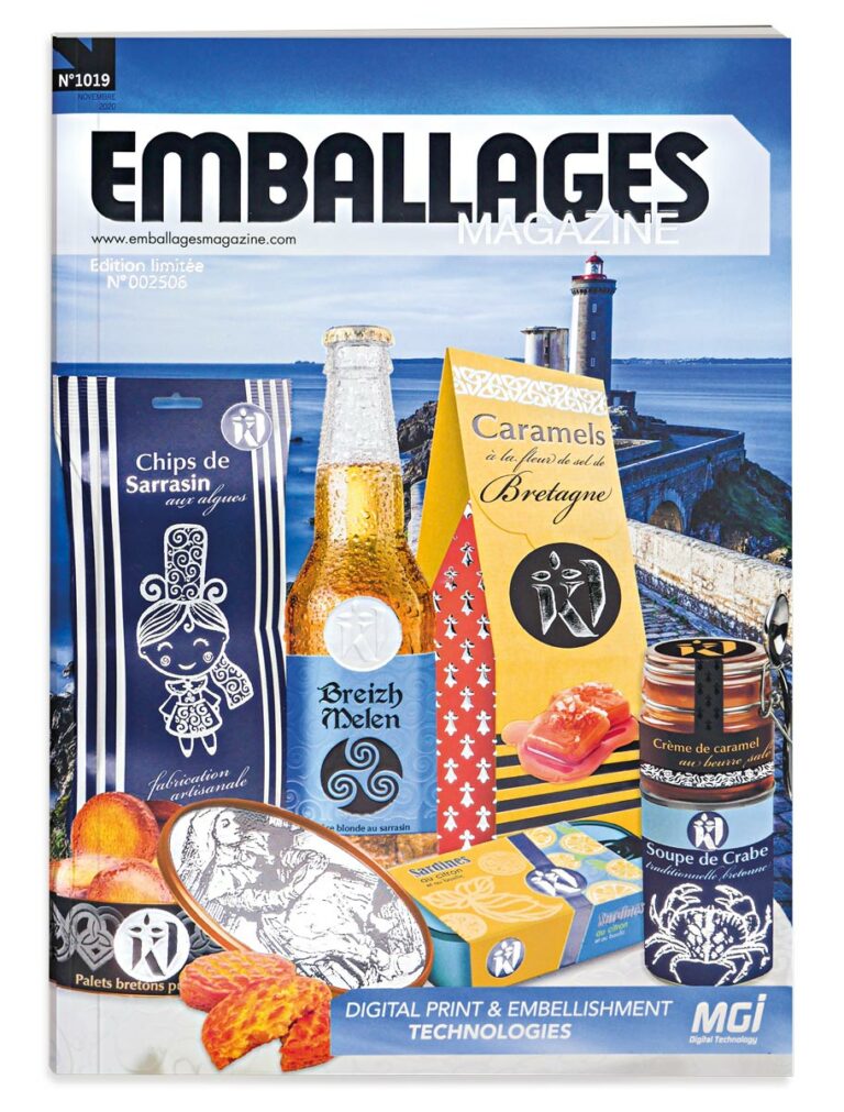 Magazine cover photo with artisanal food and beverage packaging - finishing on JETvarnish from MGI