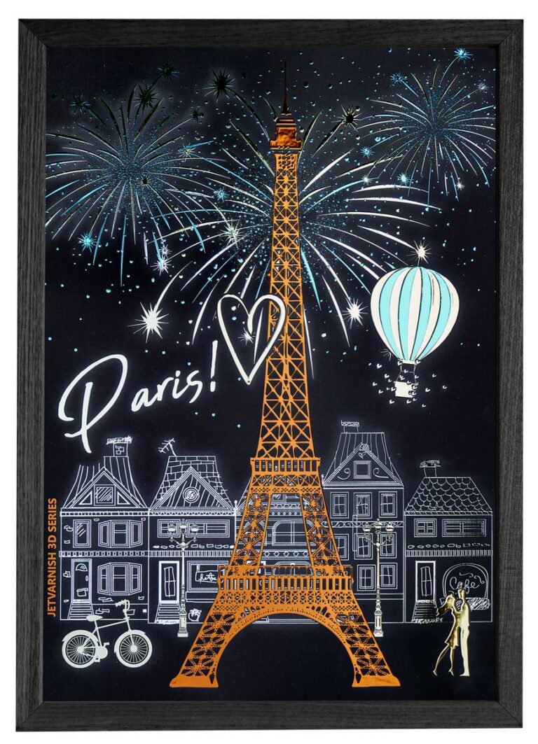 Photo of a poster of Paris with the Eiffel Tower in copper gilding and fireworks in blue gilding - finishing on JETvarnish from MGI